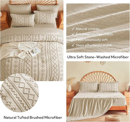 MR&HM Tufted Boho Comforter Set Twin XL for College Dorm, Linen Farmhouse Bedding Set,5 Pieces Bed in a Bag with 1 Comforter, 1 Pillow Sham, 1 Pillowcase, 1 Flat Sheet, 1 Fitted Sheet