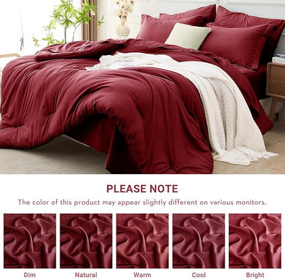 MUXHOMO 7 Pieces Full Comforter Set, Soft Bed in a Bag Full Size, All Season Bedding Set with Comforter, Flat Sheet, Fitted Sheet, Pillowcases & Shams, Burgundy Red