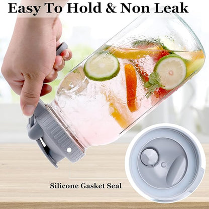 Mason Jar Pitcher Wide Mouth 64 OZ Glass Jars With Pour Spout Lids Airtight Leak-proof 2 Quart Water Pitcher With Handle For Iced Tea, Milk, Sun Tea, Lemonade, Iced Coffee