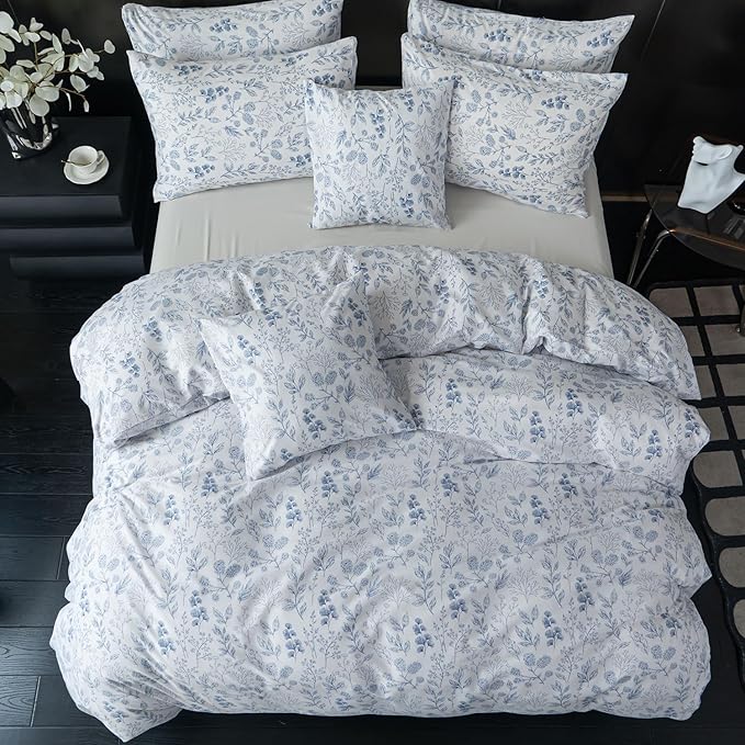 King Comforter Set Floral 3 Pieces Soft Cute Flower Bedding Comforter Sets Garden Style Blue Flower Print Botanical Comforter King for All Seasons 1 Comforter and 2 Pillowcases