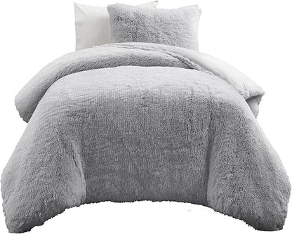 Lush Decor Emma Soft Fluffy Faux Fur Kids College Dorm Oversized Comforter Set, Twin-XL, Light Gray - Warm Plush 2 Piece Bedding Set
