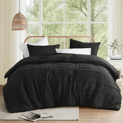 Comfort Spaces Black King Size Comforter Set - 3-Piece Pintuck Pleated Bedding Set, All Season Lightweight, Extra Soft Pre-Washed Microfiber, Shams