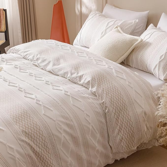 Houseri Tufted Comforter Set Queen Beige Jacquard Bedding Sets