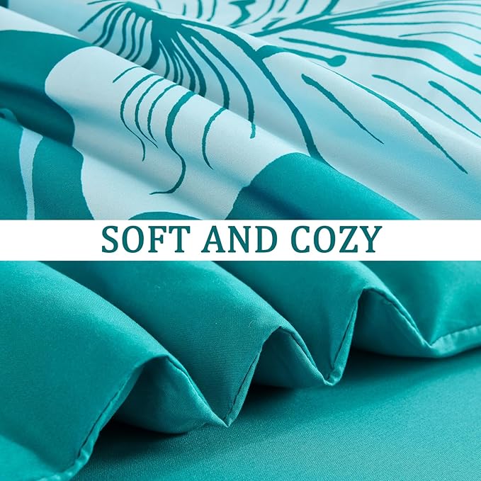 Menghomeus California King Comforter Set Gradient Teal Bedding Floral Comforter Sets Soft Microfiber Bed Comforter Set for All Season,3 Piece Botanical Flowers Comforter,Pillowcases