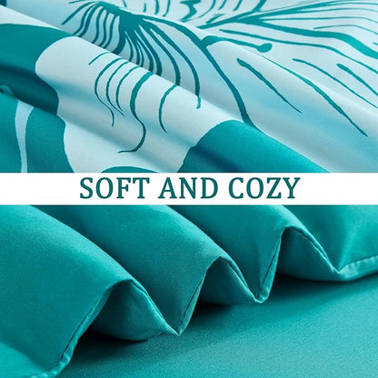 Menghomeus California King Comforter Set Gradient Teal Bedding Floral Comforter Sets Soft Microfiber Bed Comforter Set for All Season,3 Piece Botanical Flowers Comforter,Pillowcases