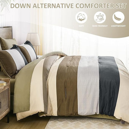 Anibedding 7 Pieces Striped King Size Comforter Set, Brown Black Soft Microfiber Down Alternative Farmhouse Bedding All Season with Comforter, Pillow Shams, Flat Sheet, Fitted Sheet and Pillowcases