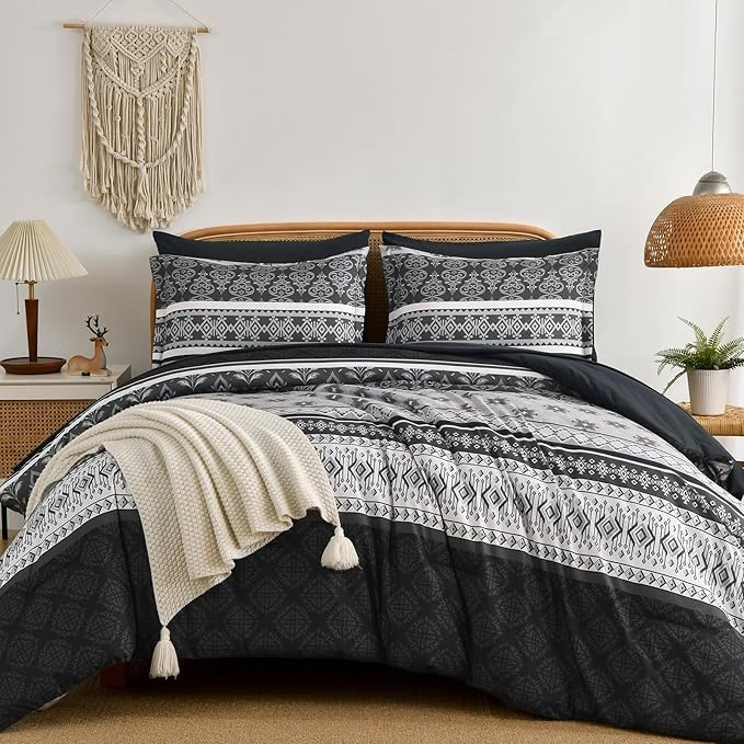 Comforter Set King Size Boho,7 Pieces Bohemian Bedding Comforter Set Striped Bed in a Bag,Dark Grey Paisley Floral Comfortet and Sheet Set,Soft Black Gray Bedding Sets for All Season