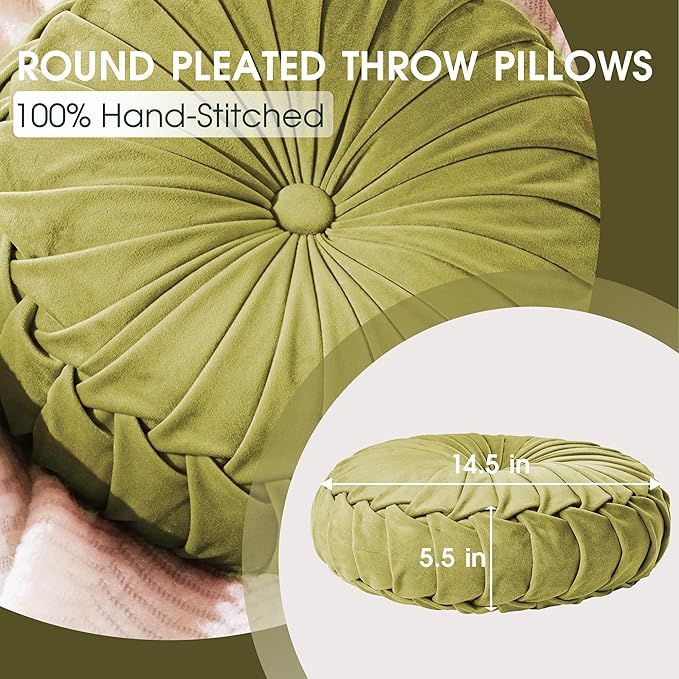 ROSE&RISY Round Pleated Velvet Throw Pillows, 2 Pcs Decorative Accent Pumpkin Pillow Cushion for Couch Sofa Chair Bed Car Home Decor (14.5 Inch, Olive Green)