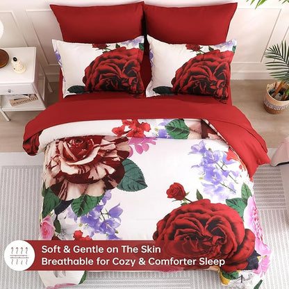 Drucon Red Floral Comforter Queen Size 7 Pieces Valentine's Day Bedding Sets Bed in a Bag, Botanical Floral Comforter with Sheet Set, Soft Microfiber Bedding Set for All Season (Red, 90"x90")