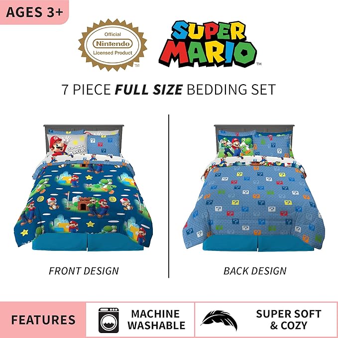 Super Mario Bros Kids Bedding Super Soft Cozy Comforter and Sheet Set with Sham, 7 Piece Full Size Nintendo Gamer Bed Set, (100% Officially Licensed Product) by Franco