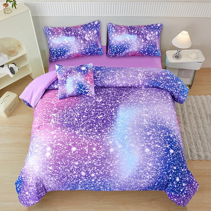 PERFEMET Girls Bed in A Bag Queen Size Colorful Rainbow Queen Comforter Set with Sheets Tie Dye Fluffy Bedding Set for Teen Girl Women 3D Glitter Ombre Bed Sets (Purple Pink, Queen)