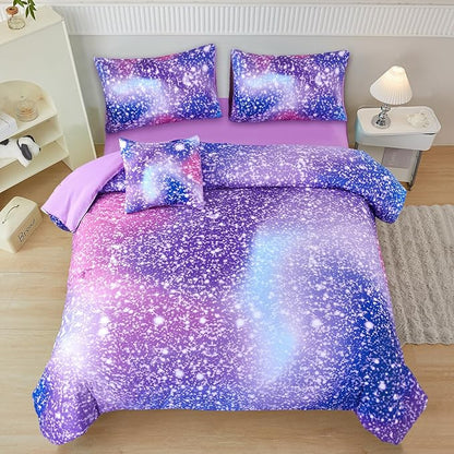 PERFEMET Full Size Bedding Sets for Girls, 6-Piece Colorful Rainbow Comforter Set with Sheets, Tie Dye Fluffy Kids Bed-in-a-Bag, Glitter Ombre Teen Girl Bed Sets (Purple Pink, Full)