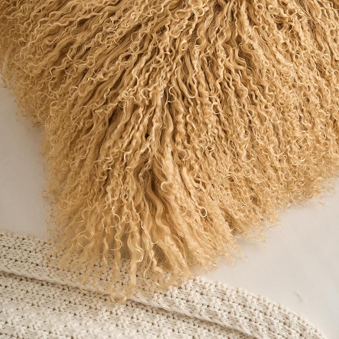 Genuine Mongolian Lamb Fur Pillow Cover – 12"x20" Rectangular Cushion Case – Soft Curly Wool Decorative Accent for Sofa, Bed, or Chair (Toffee)
