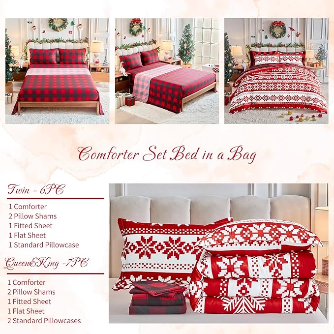 Tititada Christmas Red Bed in a Bag 7 Pcs Queen Size, Striped Snowflake Pattern Printed Bedding Comforter Set Warm for Winter(1 Comforter, 1 Flat Sheet, 1 Fitted Sheet, 2 Pillow Shams, 2 Pillowcases)