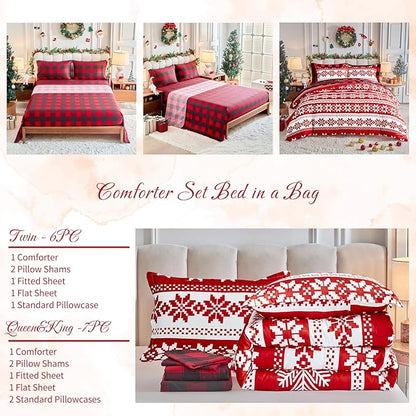 Tititada Christmas Red Bed in a Bag 7 Pcs Queen Size, Striped Snowflake Pattern Printed Bedding Comforter Set Warm for Winter(1 Comforter, 1 Flat Sheet, 1 Fitted Sheet, 2 Pillow Shams, 2 Pillowcases)