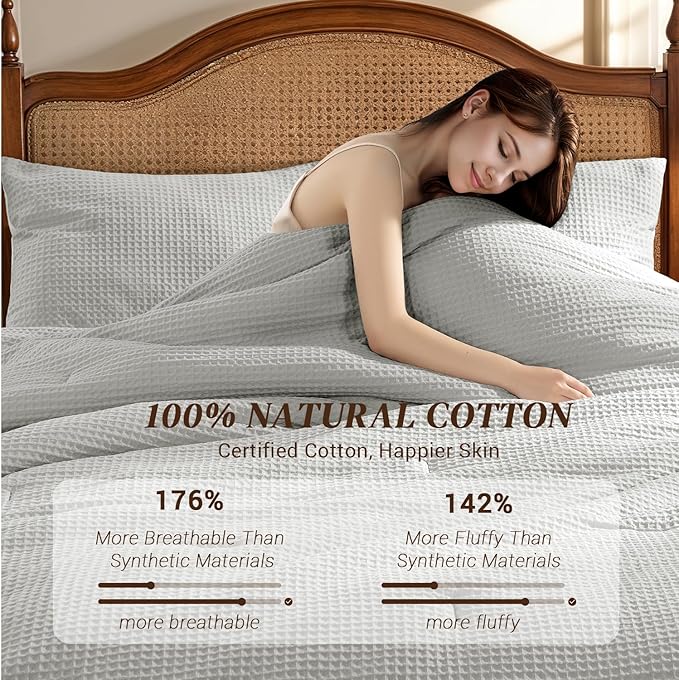 Shilucheng Waffle Cotton King Size Comforter Set - 3 Piece Bedding Set with Comforter and 2 Pillow Shams, Soft & Breathable All-Season Waffle Weave Comforter, Machine Washable, Grey