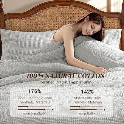 Shilucheng Waffle Cotton King Size Comforter Set - 3 Piece Bedding Set with Comforter and 2 Pillow Shams, Soft & Breathable All-Season Waffle Weave Comforter, Machine Washable, Grey