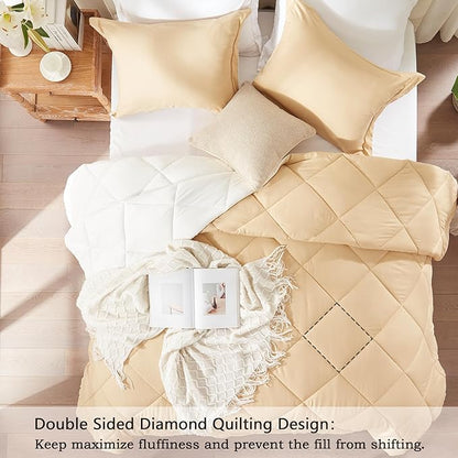 NexHome King Size Comforter Set Beige&White, 3 Pieces Lightweight Reversible Comforter King Size, All Season Fluffy Down Alternative Comforter Bed Set Quilt Blanket(102x90 In Comforter & 2 Pillowsham)