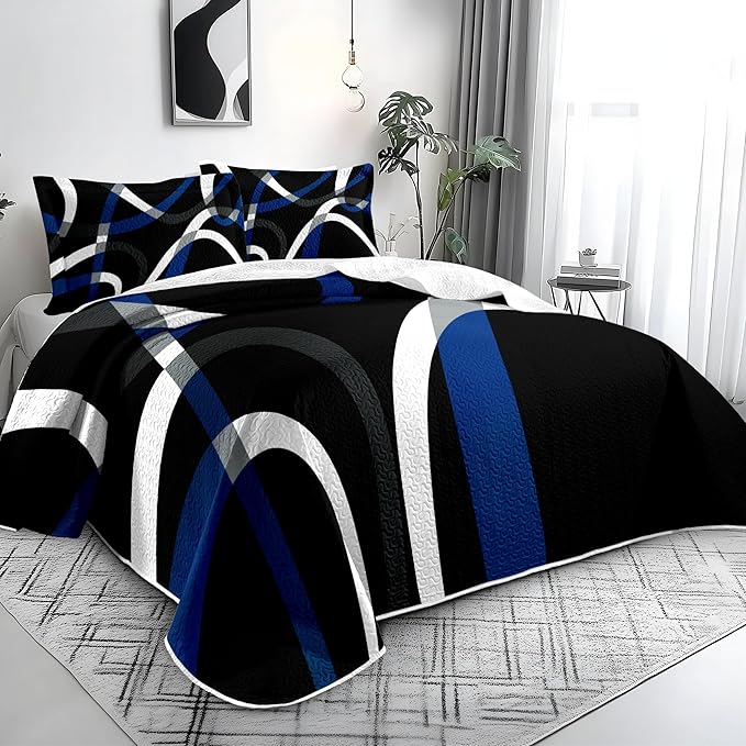 weesire Black and Blue Bedding Quilt Queen Size with 2 Shams, Modern Stripe Comforter Sets Classic Line Pattern Bedspreads Grey and Blue Coverlet, 90''x96''