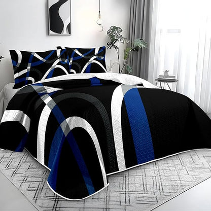 weesire Black and Blue Bedding Quilt Queen Size with 2 Shams, Modern Stripe Comforter Sets Classic Line Pattern Bedspreads Grey and Blue Coverlet, 90''x96''