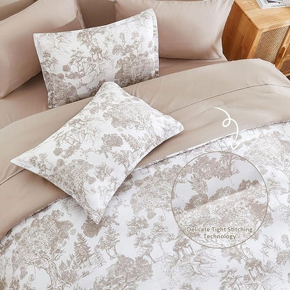 DJY Khaki Comforter Set California King Size,7 Pieces Bed in a Bag Botanical Comforters with Sheets Elegant Plants Print Soft Microfiber Reversible Complete Bedding Sets for All Season