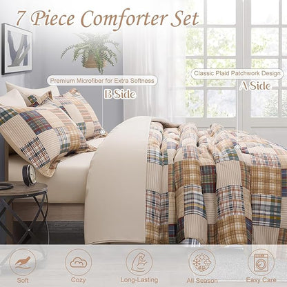 Comforter Set Queen Size Plaid Patchwork Comforter Bedding-7 Piece Bed in a Bag,Soft Fluffy Reversible Microfiber Bedding Set(1 Comforter,1 Flat Sheet,1 Fitted Sheet,2 Pillowcases,2 Pillow Shams)Beige