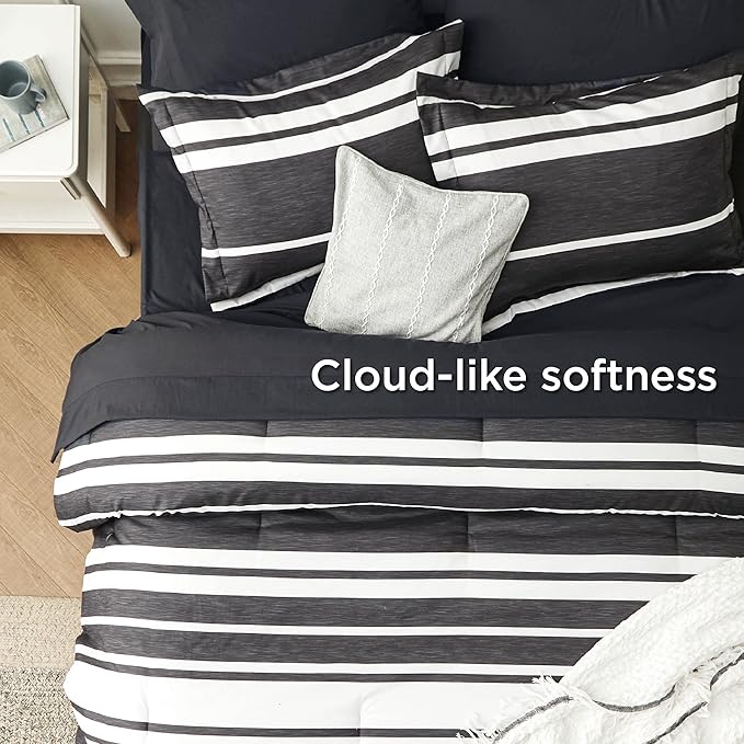 Bedsure Twin XL Comforter Set 5 Pieces, Black Striped Bedding Set for All Seasons, Reversible, Cationic Dyeing Bed in a Bag with Comforter, Sheets, Pillowcase & Sham