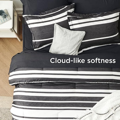 Bedsure Twin Comforter Set 5 Pieces, Black Striped Bedding Set for All Seasons, Reversible, Cationic Dyeing Bed in a Bag with Comforter, Sheets, Pillowcase & Sham