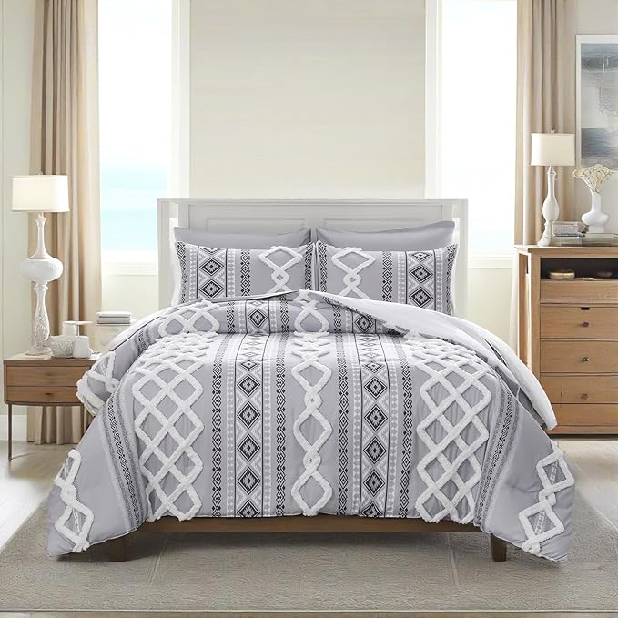 MOVE OVER Gray Tufted Comforter Set Queen Size 5 Pieces Bohemian Style Geometric Tufted Bedding Set Farmhouse Boho Aztec Comforter Set with 2 Decor Pillow Covers for Room Decor