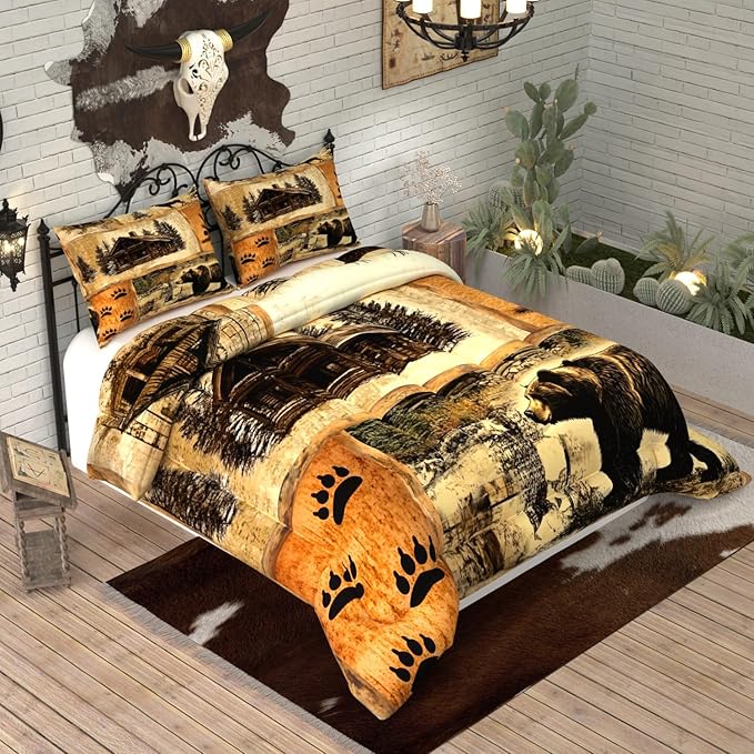 Rustic Bear Comforter Sets for Kids Adults,3D Pattern Cabin Theme,Decorative Bedding Comforter Sets with 2 Pillow Shams, Twin Size