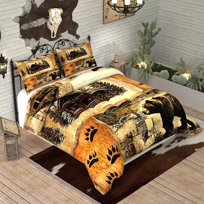 Rustic Bear Comforter Sets for Kids Adults,3D Pattern Cabin Theme,Decorative Bedding Comforter Sets with 2 Pillow Shams, Twin Size