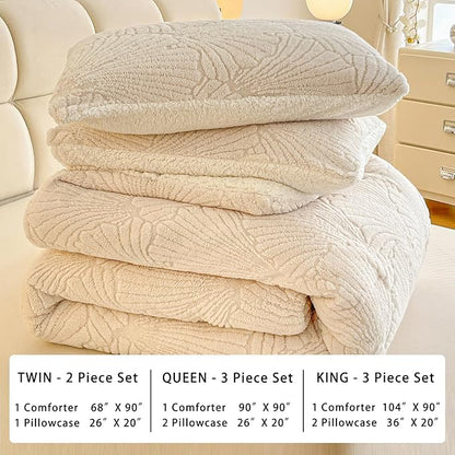 Seashell Jacquard Sherpa Comforter Set Warm Cozy Premium Bedding 3 Pieces, King Size Geometric Pattern Quilt Comforter with 2 Pillowcases(104"X90" Ivory White)