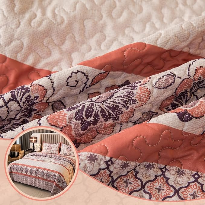 Bohemian King Size Quilt Comforter Bedding Set -3 Pieces Red Quilts (1 Quilt, 2 Pillow Shams) Bedding Set, All Season Lightweight Bedspreads Sleep Companion(Pink)