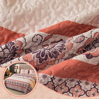 Bohemian King Size Quilt Comforter Bedding Set -3 Pieces Red Quilts (1 Quilt, 2 Pillow Shams) Bedding Set, All Season Lightweight Bedspreads Sleep Companion(Pink)