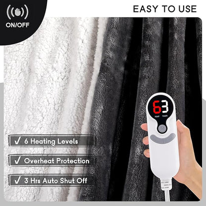 Heated Blanket Electric Throw Size 50''x60'' with 9 Heating Levels, 1-10 Hour Auto Shut Off, Machine Washable, Flannel & Sherpa Double-Sided Soft Warming Blanket for Couch, Bed, Office - Dark Grey
