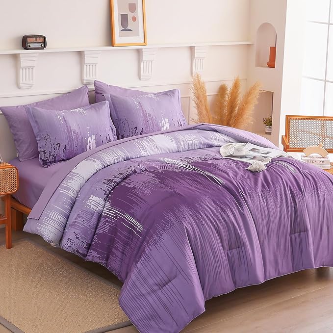 WONGS BEDDING Comforter Set Queen, Ombre Purple 7 Pieces Bed in a Bag Colorful Abstract Art Gradient Comforter Soft Microfiber Bedding Set with Flat Sheet, Fitted Sheet, Pillow Shams, Pillowcases