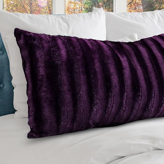 Cheer Collection Faux Fur Long Body Pillow - Accent Throw Pillow for Bed and Couch - Decorative Lumbar Pillow with Insert, Purple (18" x 40")
