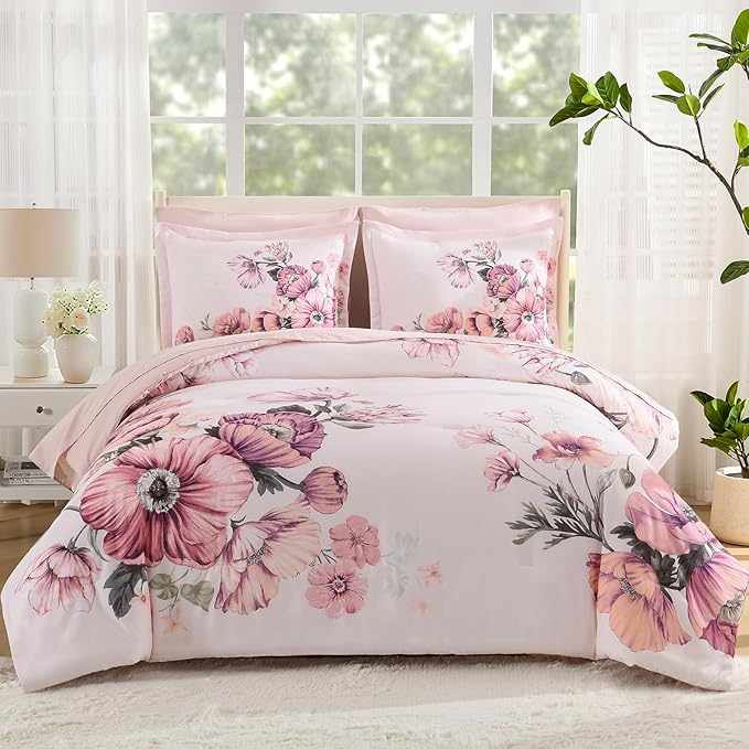 Queen Comforter Set - 7 Pieces Bed in a Bag Pink Floral Queen Comforter Set with Sheets, Soft Microfiber Flower Complete Bedding Set for All Seasons（Pink,90"x90"）