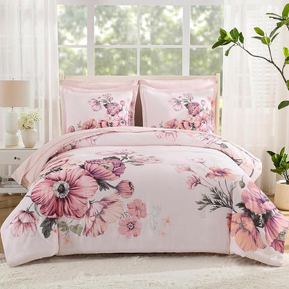 Queen Comforter Set - 7 Pieces Bed in a Bag Pink Floral Queen Comforter Set with Sheets, Soft Microfiber Flower Complete Bedding Set for All Seasons（Pink,90"x90"）