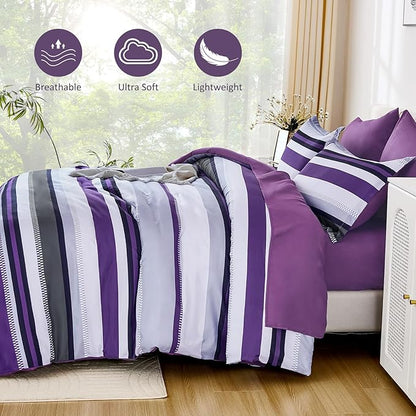 WONGS BEDDING Comforter Set King Size, Purple Bed in a Bag, 7 Pieces Comforter with Sheet Set, Striped Bedding Set for All Seaon (104"×90")