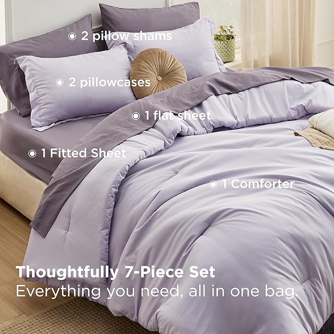 Bedsure King Size Comforter Set - 7 Pieces Lavender King Bedding Set for All Seasons, Boho Contrasting Design Bed in a Bag with Comforter, Sheets, Pillowcases & Shams