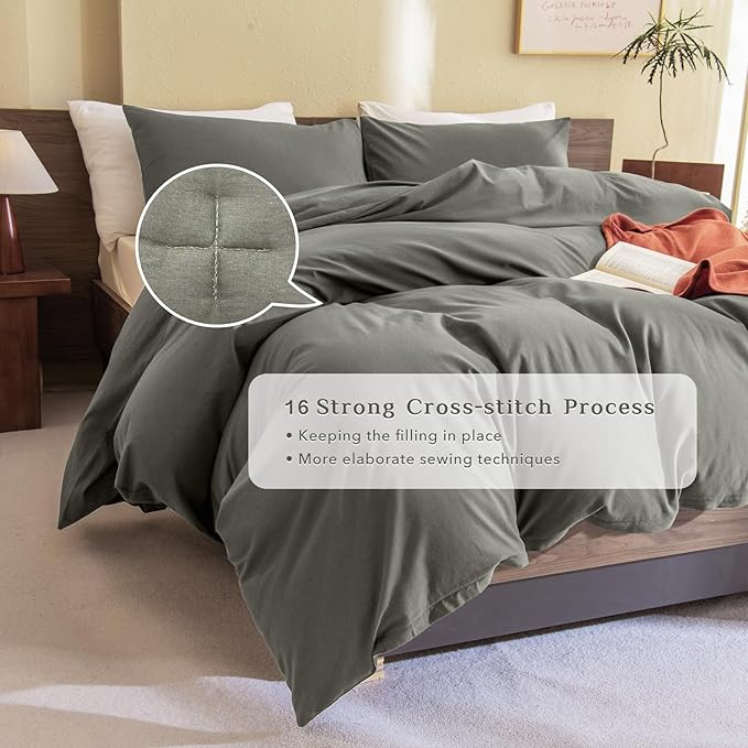 CozyTide Green Queen Comforter Set,Cotton Soft Solid Queen Size Bedding Comforter 3 Pieces Lightweight Fluffy Boho Bed Set for All Season