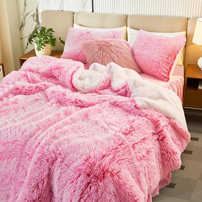 Flysheep Luxury Faux Fur Shaggy Fluffy Comforter Set King Size Mixed Blush Pink and White Long Hair, 3 Pieces Plush Flannel Sherpa Backing Reversible Soft Microfiber Bedding Set Super Warm for Winter