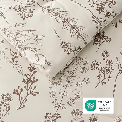 Bedsure Full Comforter Set - Beige Bed Set, 3 Pieces Cute Floral Bedding, 1 Soft Botanical Flowers Comforter and 2 Pillow Shams