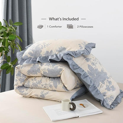 Oli Anderson 3 Piece Floral Comforter Set, Vintage Botanical Print Bedding Set, Farmhouse Lightweight Cottagecore Bed in a Bag with Ruffle Flowers Comforter (Blue, Queen)