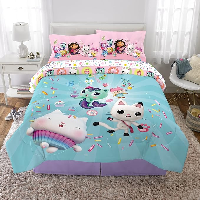 DreamWorks Gabby's Dollhouse Cakey, MerCat And Pandy Kids Bedding Super Soft Comforter And Sheet Set, 5 Piece Full Size, By Franco.