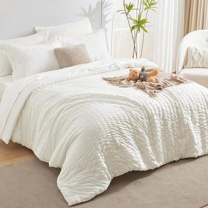 CozyLux Queen Comforter Set Ivory Seersucker 7 Pieces Bed in a Bag Queen Comforter Set with Sheets, Luxury Soft Bedding Set with Down Alternative Comforter, Sheets, Pillowcases & Shams for All Seasons