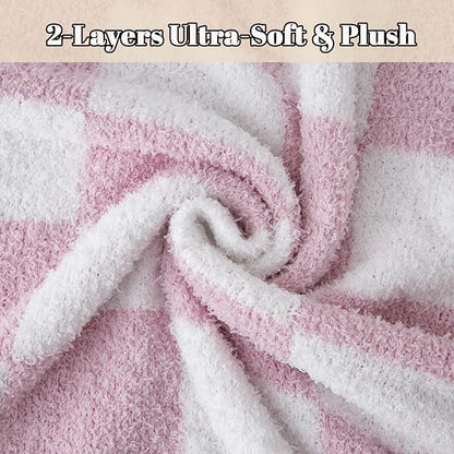 MorroMorn Checkered Blanket for Couch Bed, Baby Pink Throw Blanket 2-Layers Soft Cozy Fleece Plaid Blankets Checkerboard Grid - Fluffy Fuzzy Warm Cute Home Decor Women Girls Gifts, 60x80 inches
