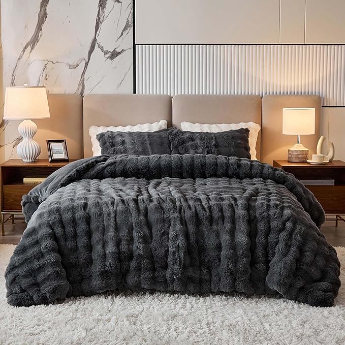 King Faux Rabbit Fur Comforter Set - 3 Pieces Fluffy Bedding Set Ultra Soft Warm Shaggy Winter Flannel Bed Set, Luxury Skin Friendly Sherpa Comforter Set & 2 Pillow Shams for Thanksgiving Dark Gray