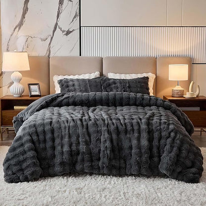 Full Faux Rabbit Fur Comforter Set - 3 Pieces Fluffy Bedding Set Ultra Soft Warm Shaggy Winter Flannel Bed Set, Luxury Skin Friendly Sherpa Comforter Set & 2 Pillow Shams for Thanksgiving Dark Gray